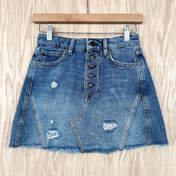 Free People We The Free A-Line Denim Distressed Skirt - Picture 1 of 6